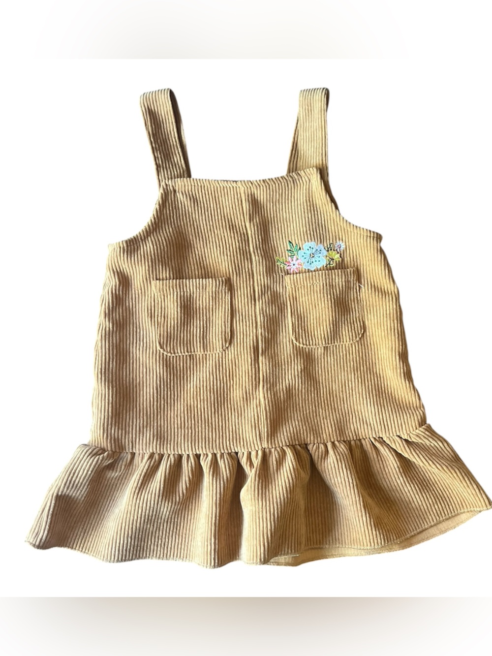 SHEIN Tan Corduroy Pinafore Dress with Floral Patch